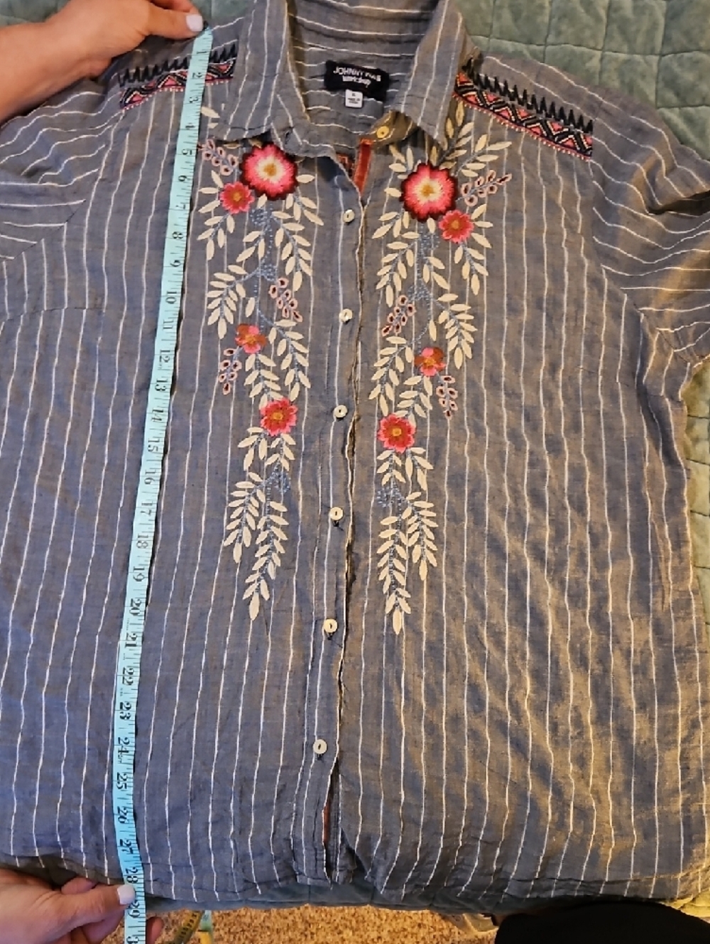 Johnny Was Blue Striped Button-Down Shirt with Pink Floral Embroidery - Picture 5 of 5